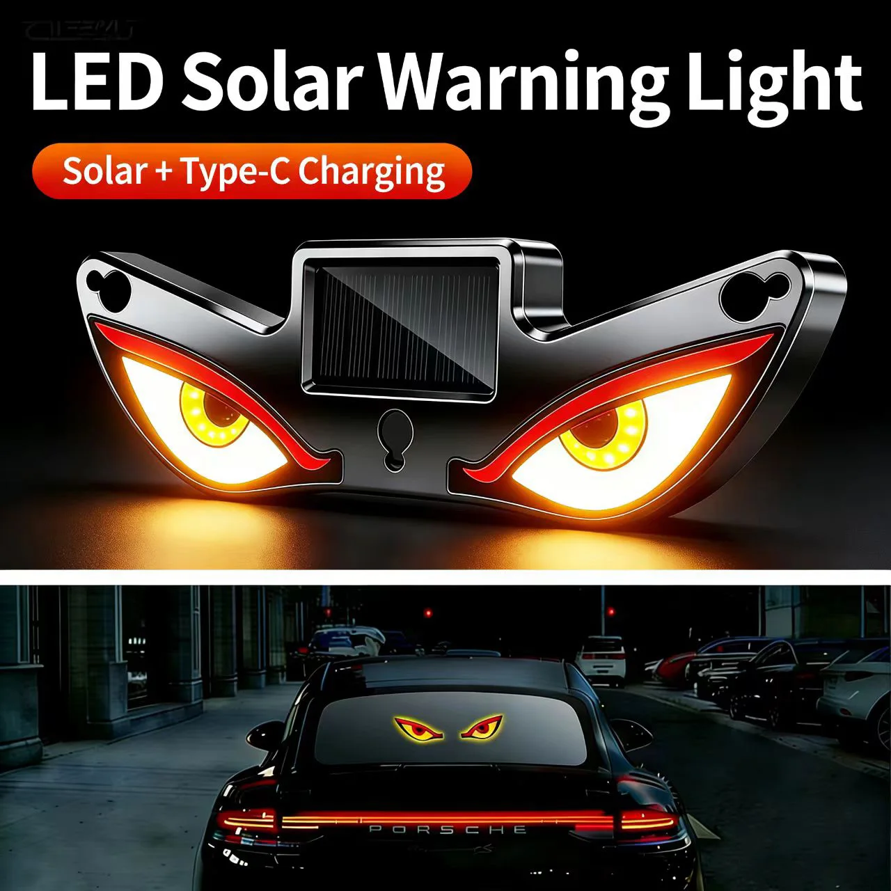 LED Car Dynamic  Ambient Neon Light Wireless Solar Devil Eye Light  Rear Window Anti-Rear-End Warning Light Sticker Accessories