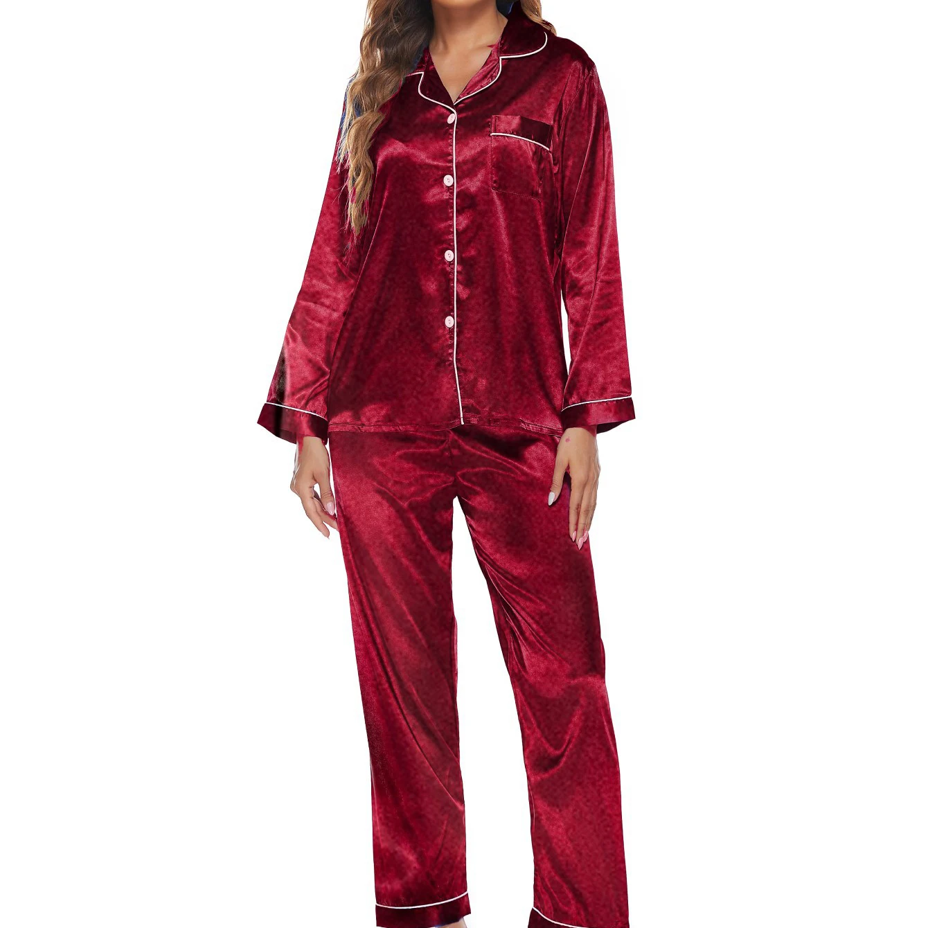 Long Sleeve Sleep Suit Pyjamas Solid Color Pajamas Button Down Shirt&pant  2 Piece Set Rayon Home Clothes Outfits Nightwear