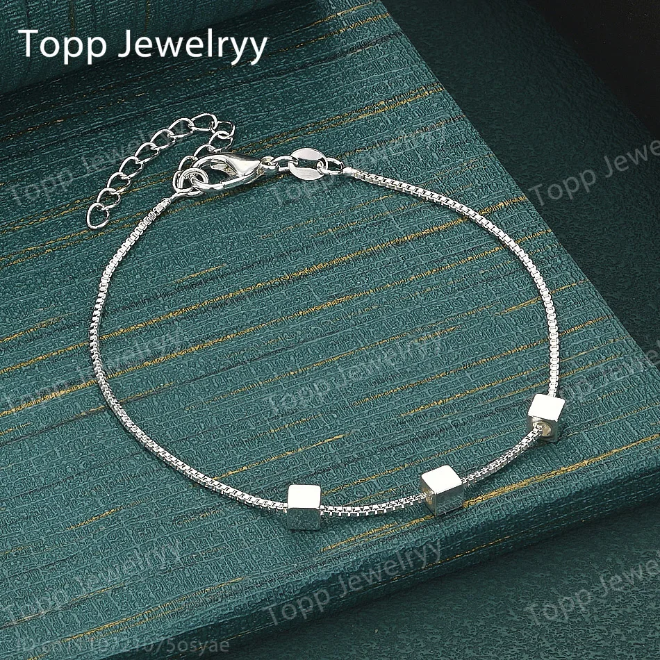 925 Sterling Silver Simple Three Small Square Bead Bracelet for Women, Fashionable Wedding Party Gift Jewelry