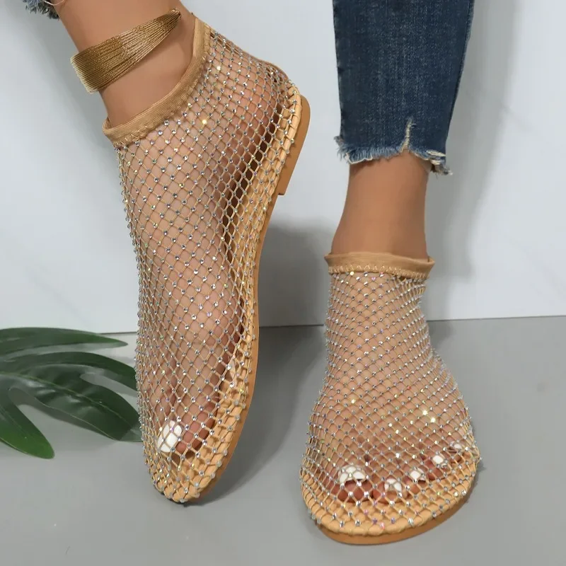 Fashion Women Flat Sandals Rhinestone Fishing Net Sandals Flat Bottom Footware Roman Flat Party Shoes Women Zapatos Para Mujeres