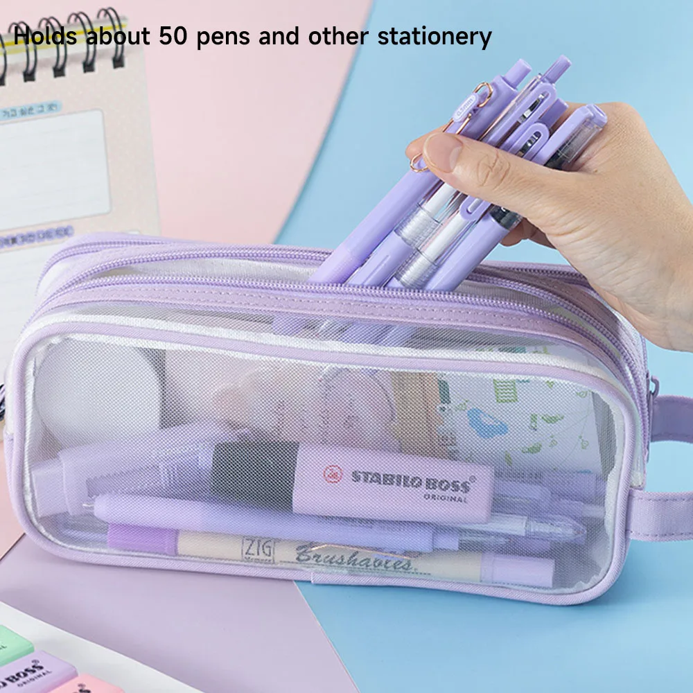 6 Colors Mesh Transparent Students Stationery Pencil Bag 2 Compartments Clear Makeup Bag Portable Travel Storage Pouch Pen Case