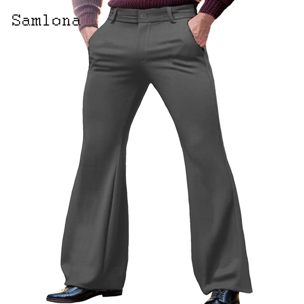Samlona 2024 Men\'s Stand Pocket Elegant Flare Pants Solid Khaki Basic Stretch Trouser Plus Size Mens Fashion Buttons Up Pants