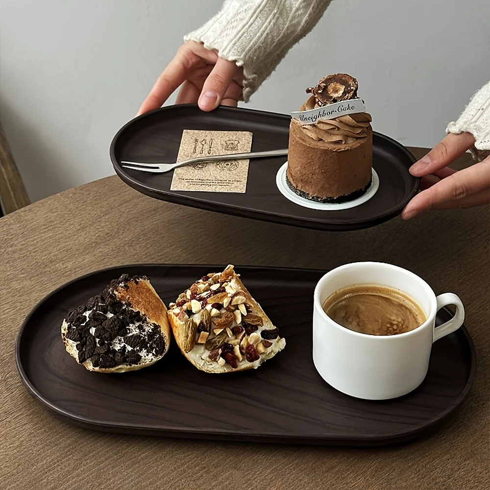 Juego de 2 bandejas ovaladas pequeñas en color madera de nogal, adecuadas para tazas de té, platos pequeños, aperitivos, pasteles, postres de café, bandejas de almacenamiento, bandejas de té, decoraciones de mesa para Navidad y Halloween