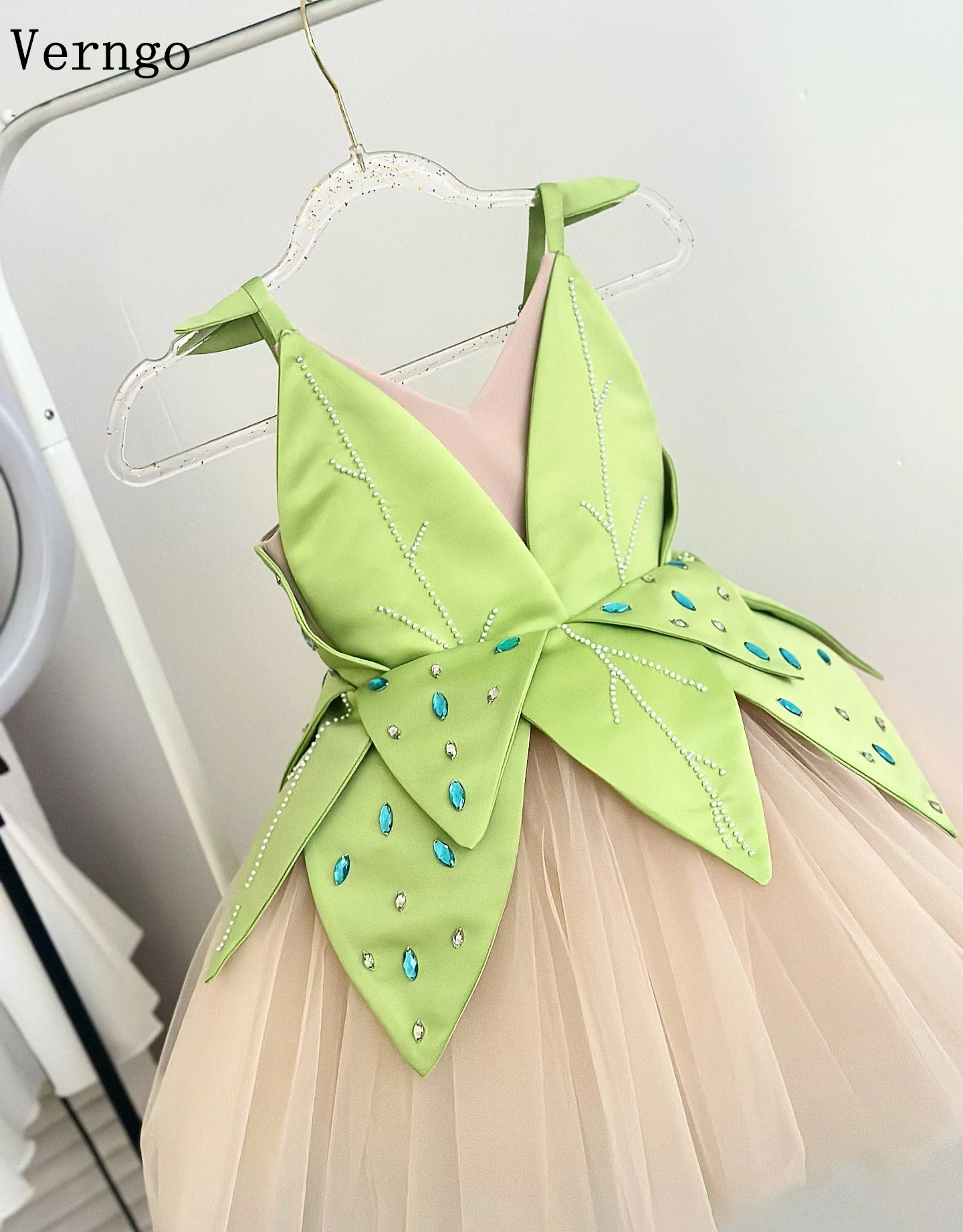 Verngo Green Satin  Kid Mini Birthday Party Dress V Neck Sleeveless A line Ball Gown Celebrity Girl Flower Dress Customized