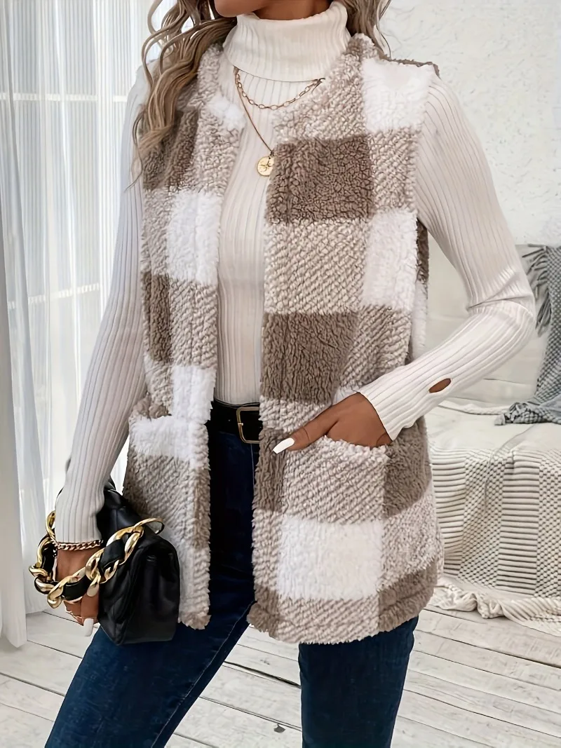 Plus Size 1XL-5XL Casual Jacket  Women\'s Plaid Print Teddy Fleece Open Front Round Neck Vest Jacket