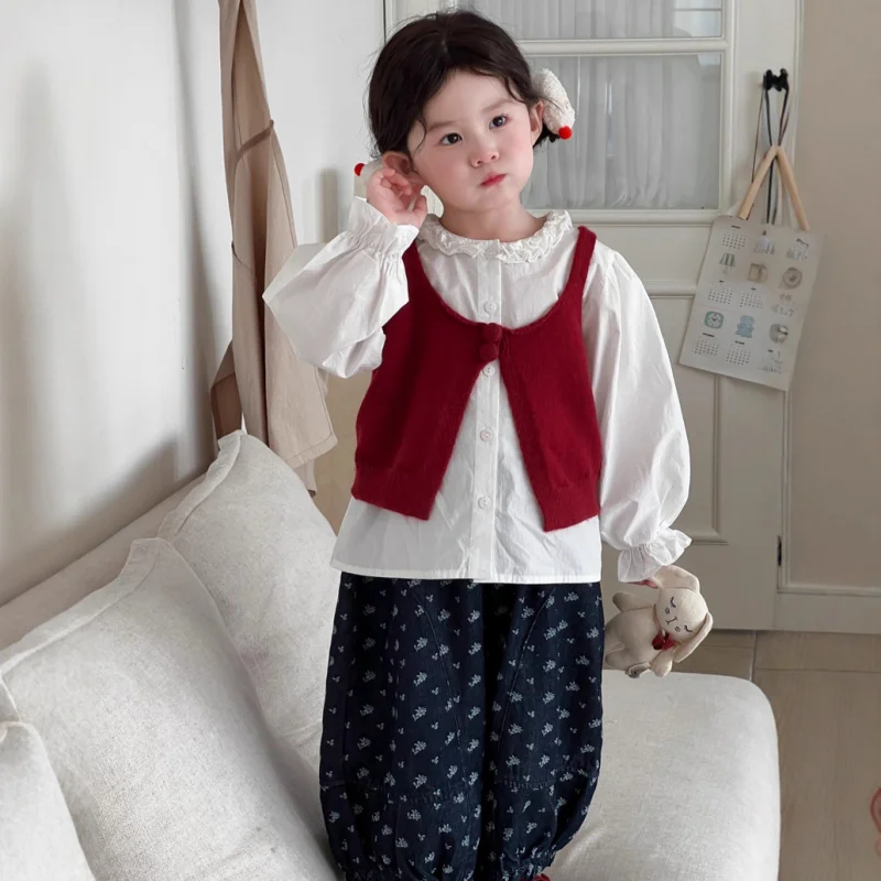 

One Wheat25Spring and Autumn New Style Children's Clothing Girls' Ruffled Cotton White Shirt Stylish Puff Sleeve Top for Kids