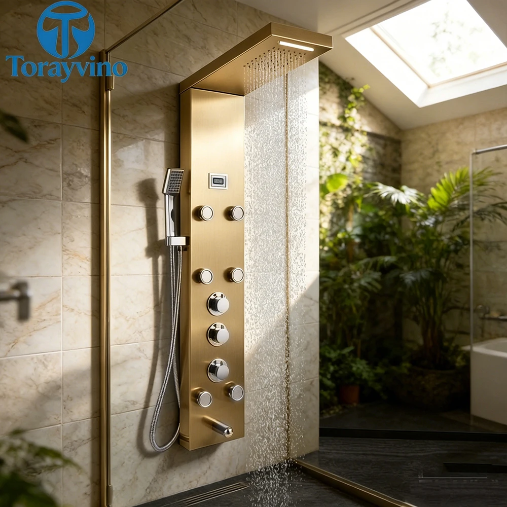 

Torayvino Luxury Outdoor Stainless Steel Shower Panel Column 5 Shower Modes Rain Massage Bathroom Shower System Set Faucet Mixer