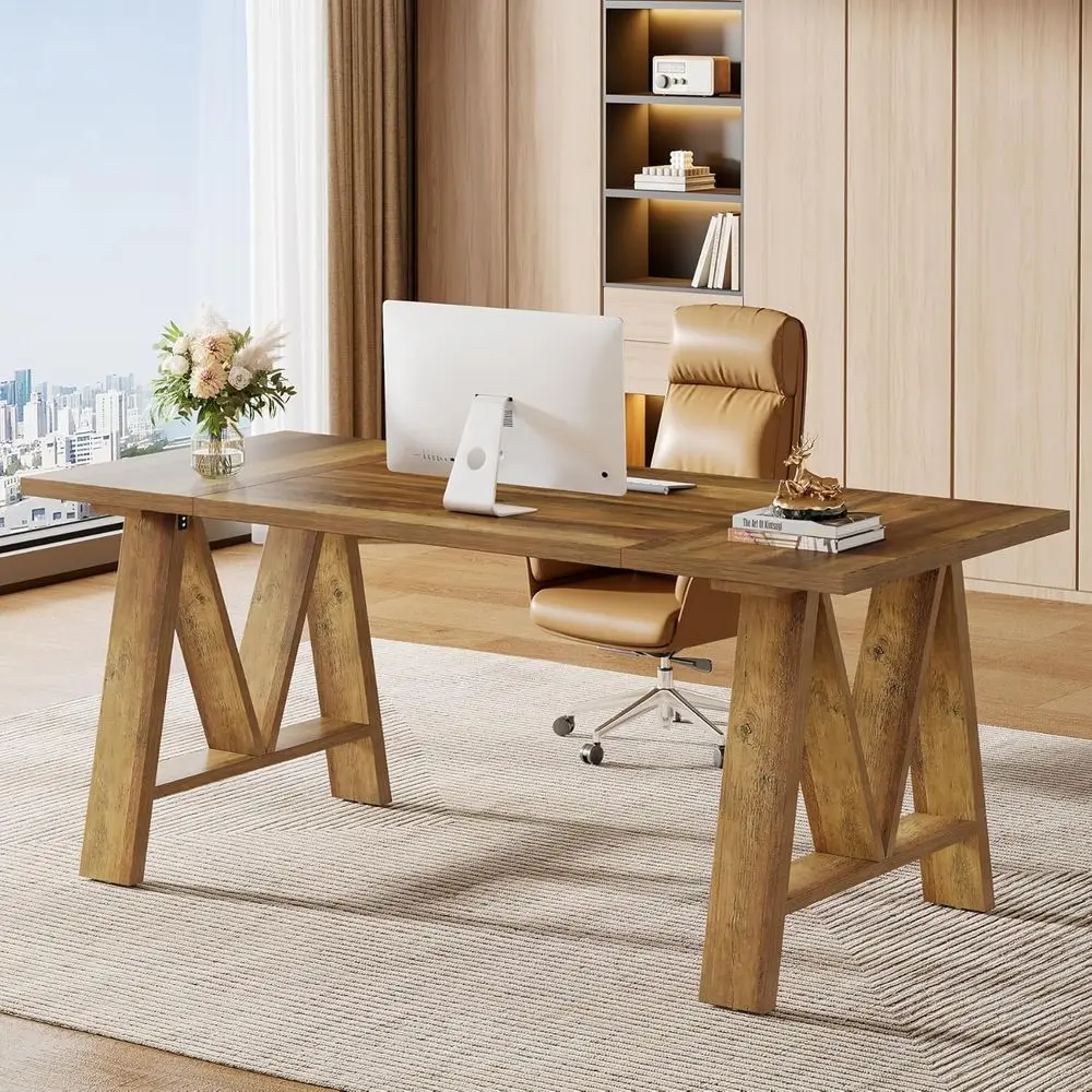 63-inch Large Wooden Executive Office Desk, Sturdy Legs, Brown Finish, Ideal for Home or Work Office