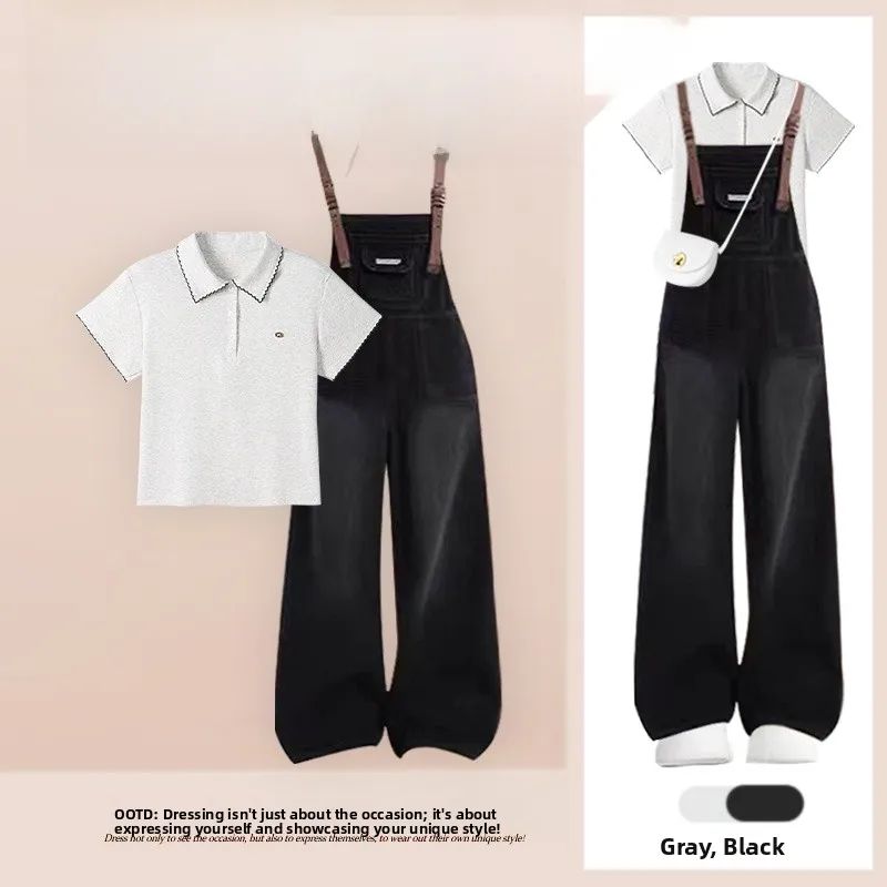 

Summer Anti-Aging Casual Ne ort Sve Top And Denim Overalls Slimming Two-Piece Set for Women Spring Leisure Faio...