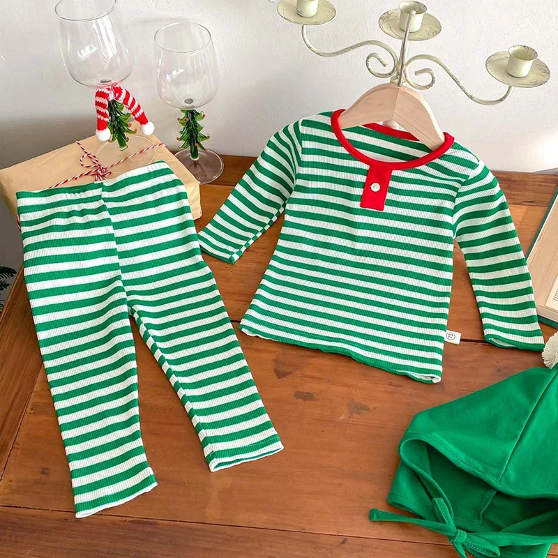 2024 Christmas Costume New Year Clothing Suit Newborn Baby Boys Girls Clothes Set Long Sleeved Cotton Striped T-shirt+Pants