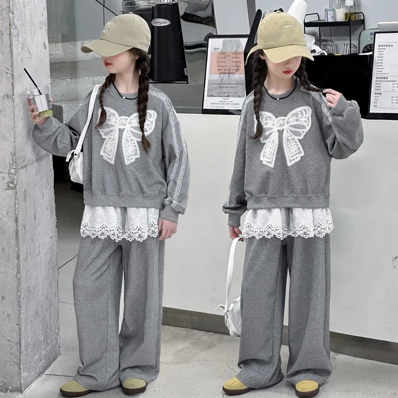 Girls Fall 2 Piece Outfits Lace Bow Embroidery Sweatshirt Wide Leg Pants Set Kids Casual Tracksuit 6-14Y