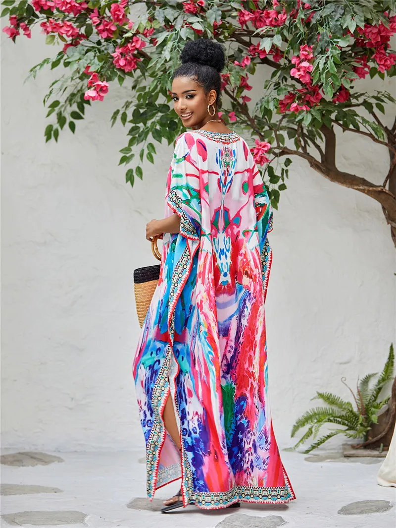 Цветочный богемный кафтан, повседневное пляжное платье с V-образным вырезом и рукавом до локтя, летняя одежда, Женская пляжная одежда, купальный костюм, накидка
