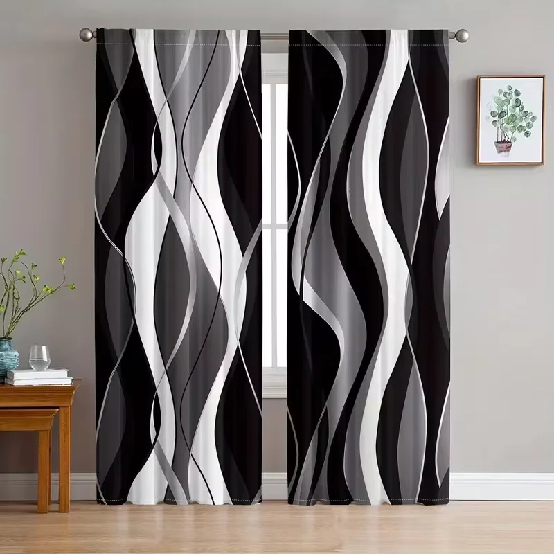 2PCS Multicolor Black White And Gray Abstract Wavy Lines Pattern Curtains Rod Pocket Design For Bedroom And Living Room