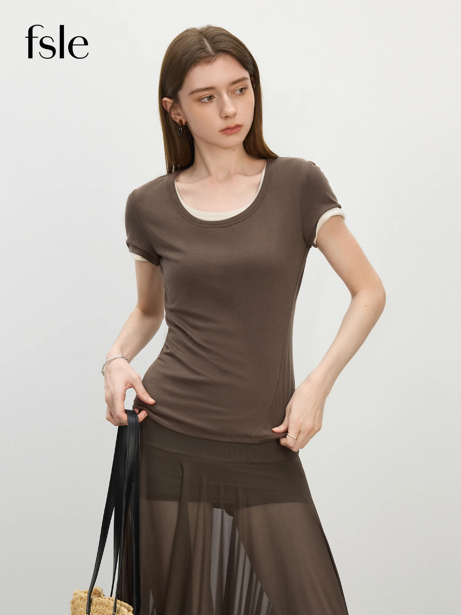 FSLE U-Neck Stretch Short Sleeve T-Shirt for Women - Summer 2025 New Arrival Soft & Relaxed Fit Versatile Top T-Shirt 25FS12552