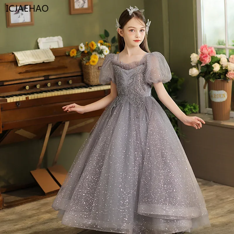 2025 New Luxury Evening Elegant Party Girl Dress Sequin Children Clothing Teenager Gown Dresses Modest Costume for Kid Vestidos