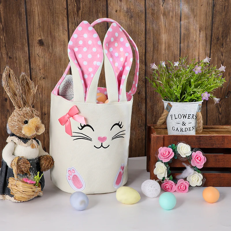 Bunny Easter Basket Empty Canvas Easter Bucket Rabbit Ears for Babies Kids Boys Girls Easter Egg Party Favor Decorations Handbag