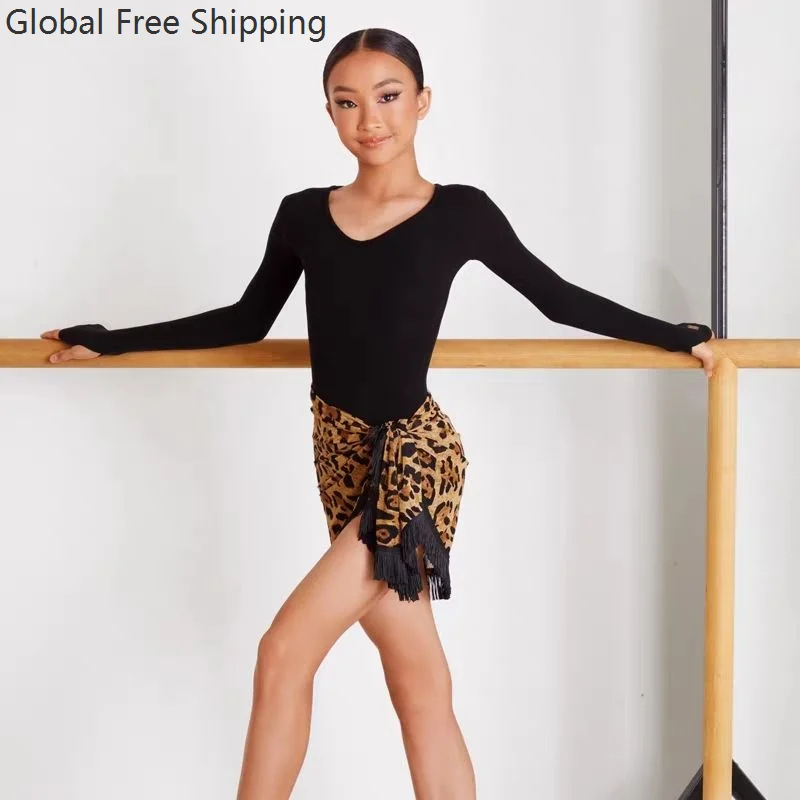 

Children Latin Dance Dress For Girls Black Long-sleeved Leotard Leopard Print Fringed Skirt Set Cha-cha Samba Training Clothing