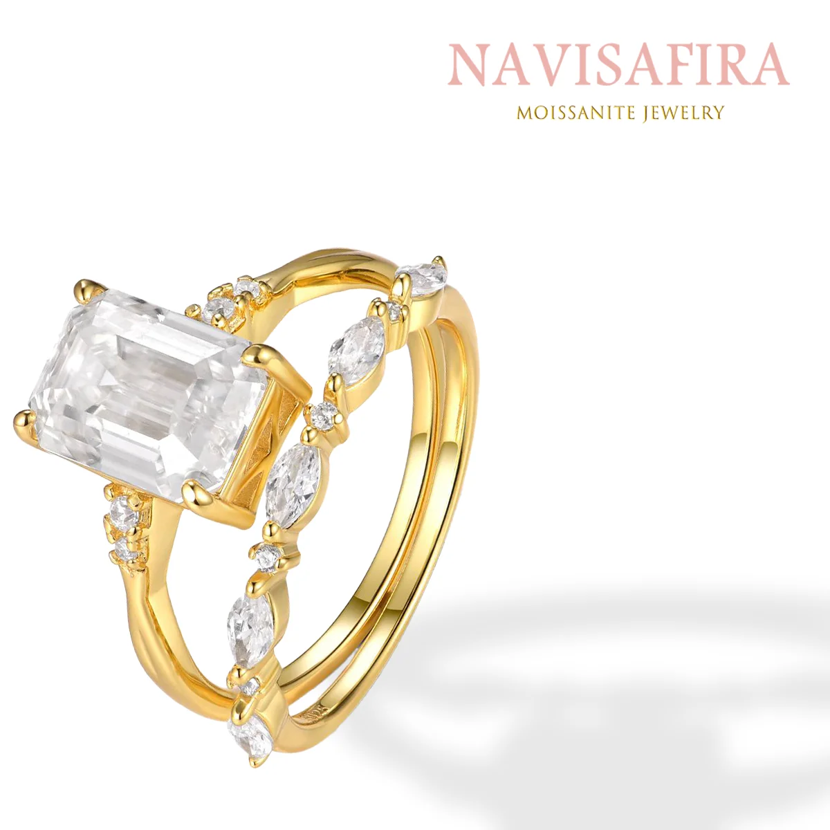 

3.5Ct S925 Gold Moissanite Double-Layer Ring, Emerald-Cut Main Stone with Marquise Zircon, Elegant Bridal Design