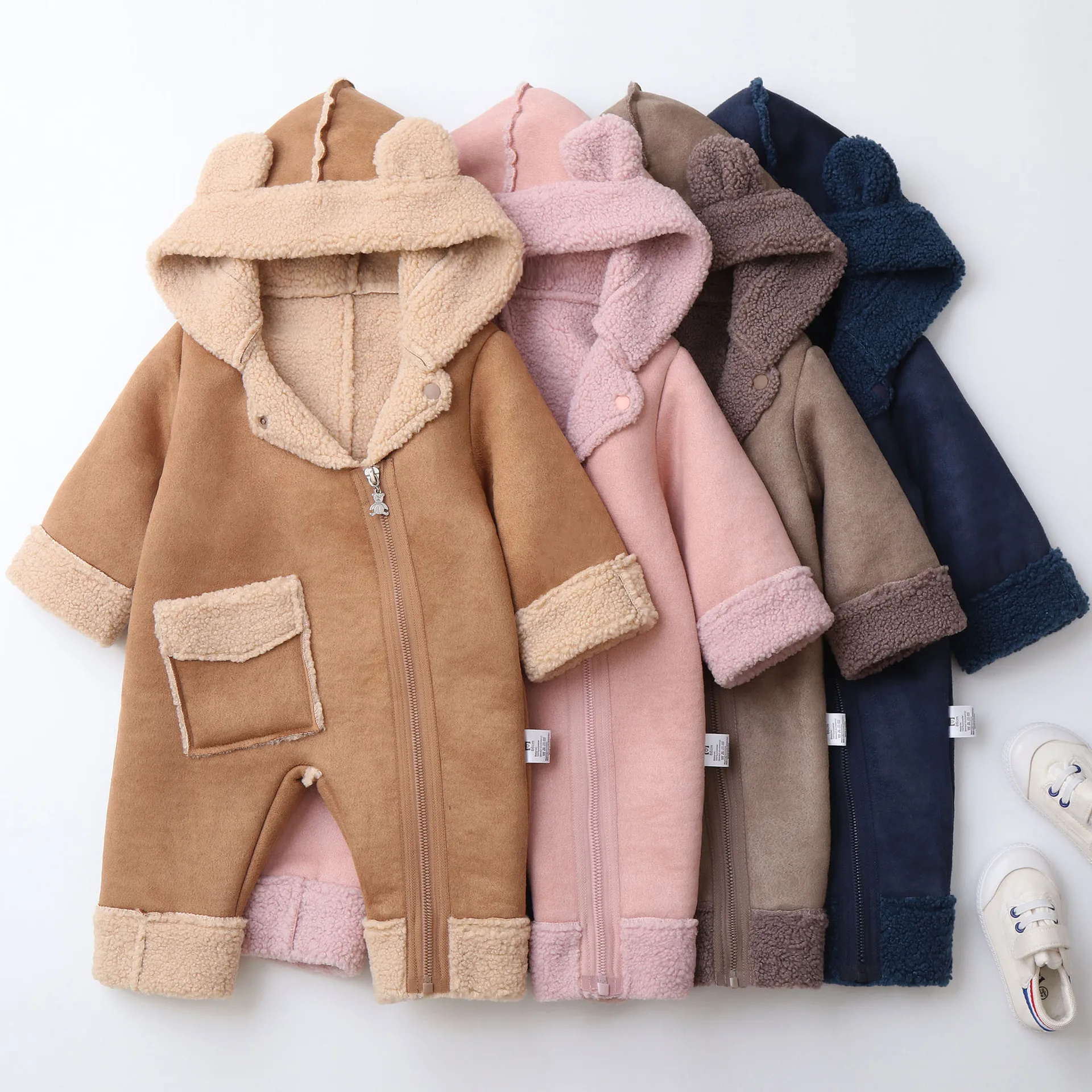 Winter 0-2Y  Baby Boys Clothes Fur Hoodie Girls Jumpsuits Fleece Lining Baby Rompers Windy Break Infant Outfit