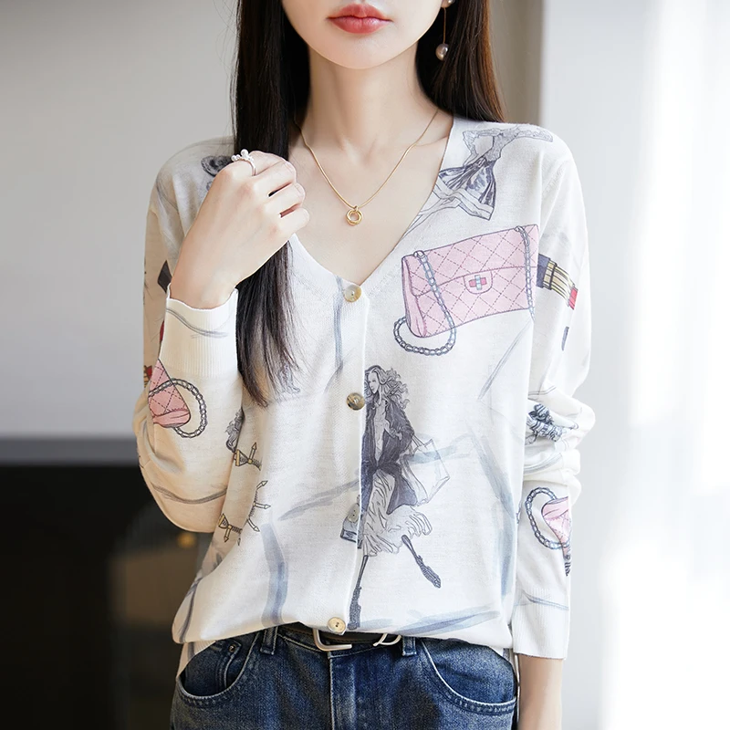 Spring Summer New Lycel Printed V-neck Cardigan Ladies Thin Coat Fashion Loose Sweater Long Sleeve Coat Women's Clothes