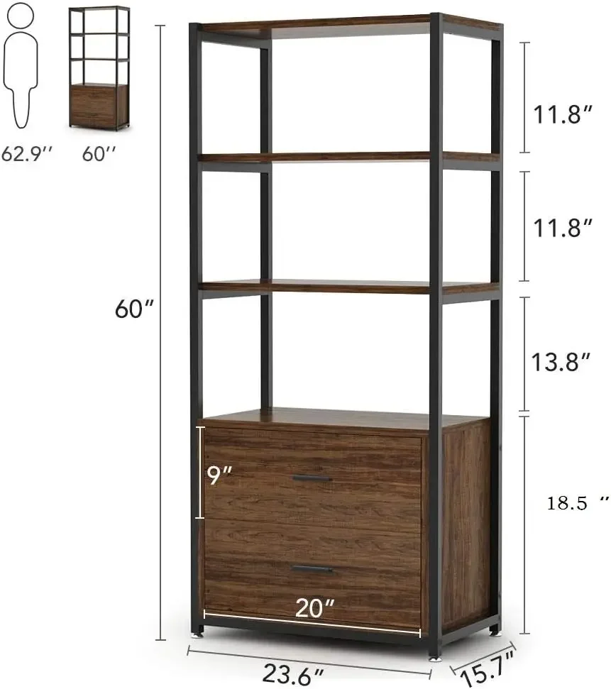 Bookcase, 4-Tier Rustic Bookshelf with 2 Drawers, Etagere Standard Book Shelves Display Shelf for Home Office