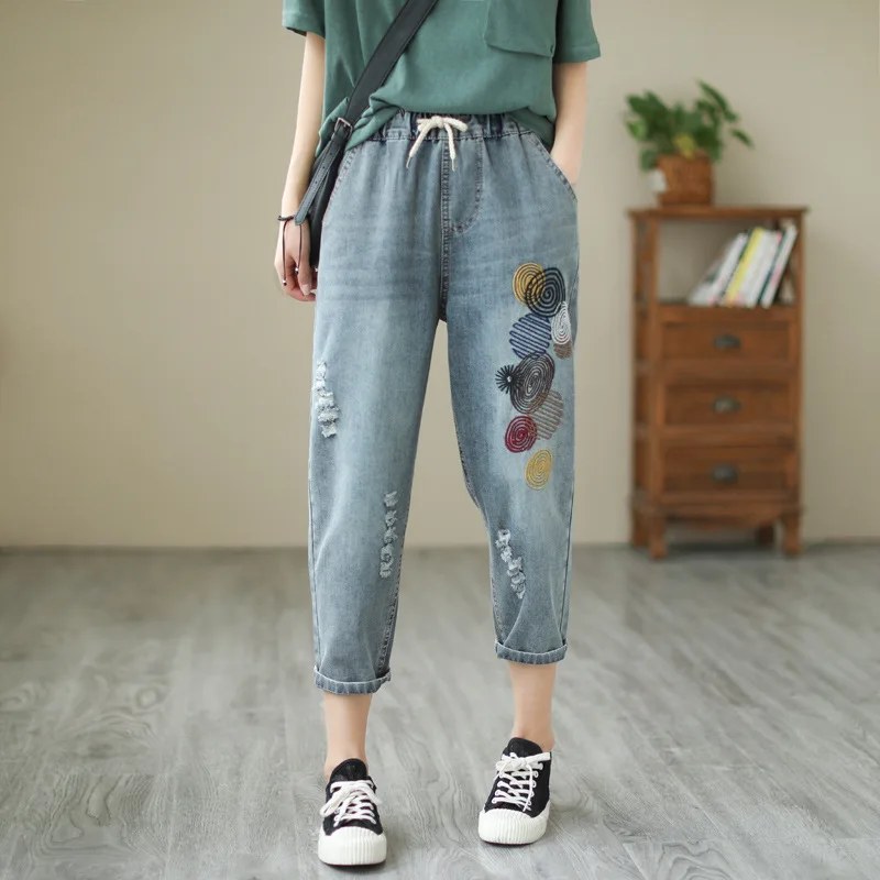 Vintage Embroidered Capris Casual Elastic High Waist Jeans For Women Loose Harem Denim Pants