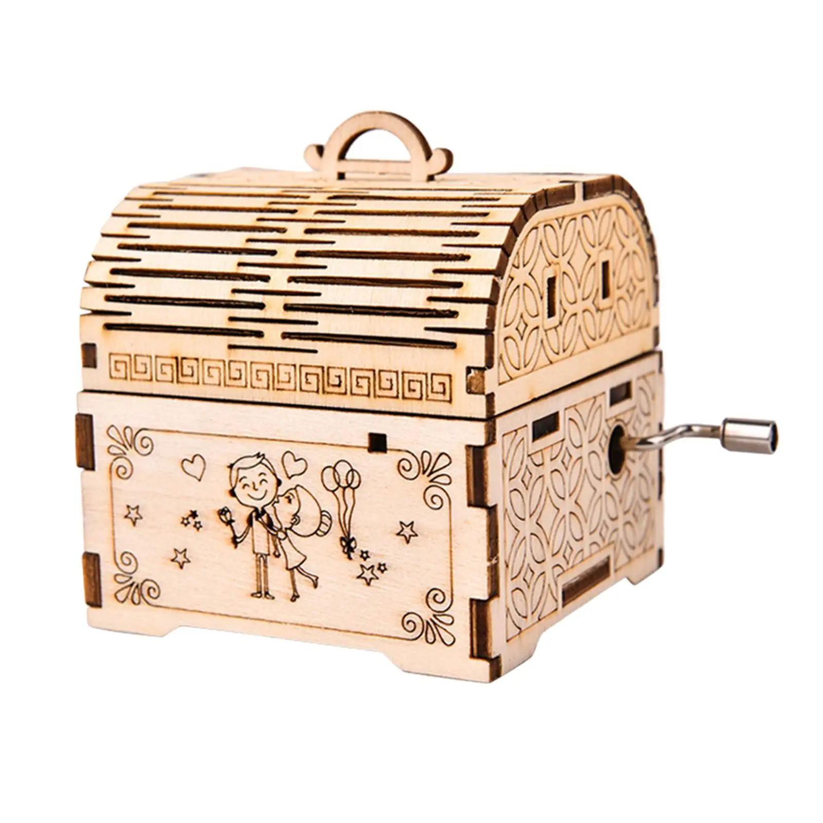 DIY Music Box Handmade Hand Crank Antique Carved Wood Treasure Box