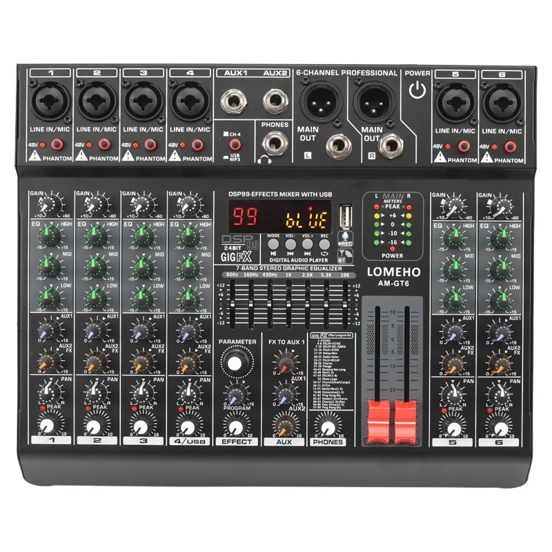 

LOMEHO 6 8 Channel Sound Mixer 7 Band EQ Audio Table Mixing DJ Console USB Play 2 AUX Output 48V Phantom Power 99 Effect AM-GT6