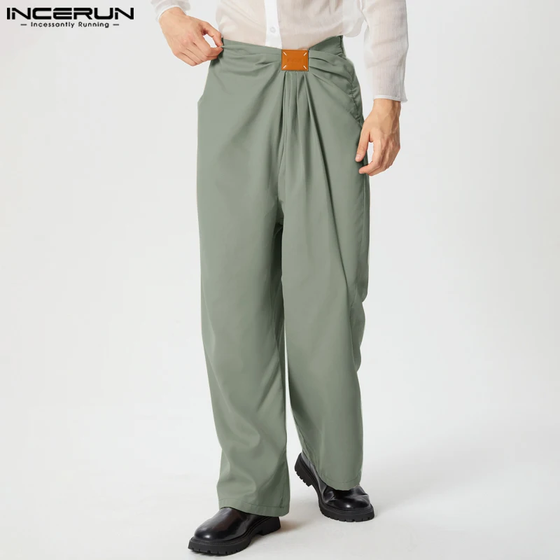 INCERUN Men Fashionable Pants Mid Waist Solid Color Ruffled Streetwear Wide Leg Long Trousers Zipper Up Office Chino Pants