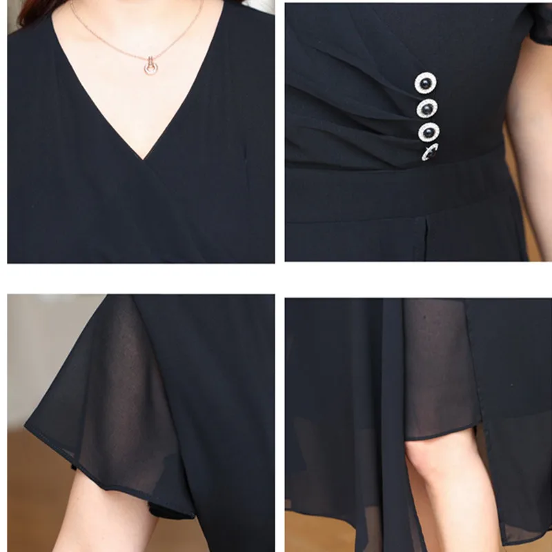 Elegante zwarte Jurk Vrouwen Lange Slanke Sexy V-hals Chiffon Plus Size 6XL 7XL 8XL Korte Mouw Kantoor Dame Vrouwelijke Koreaanse kleding
