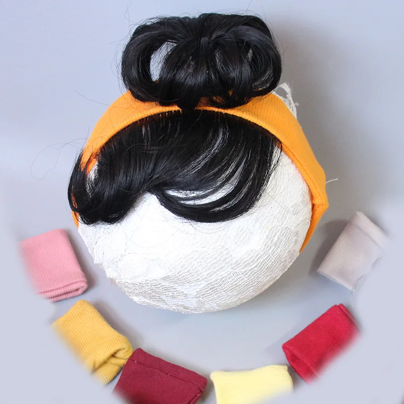 Baby Kids Hairband With Wigs Adorable Bun Elastic Headband Hair Piece Man Buns Topknot Girls Headband Stretch Black Hair