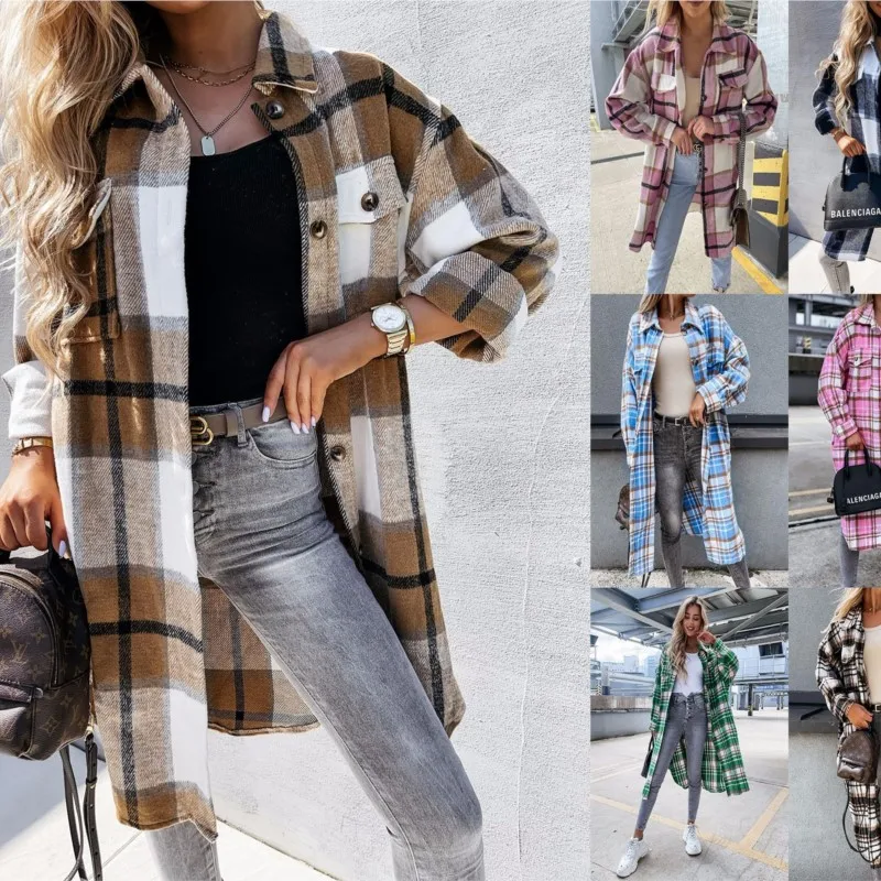 

Long Plaid Shirt Coats Women Autumn Oversized Checkered Shirt Female Fashion Vintage Loose Casua Long Cardigans Lady blouse