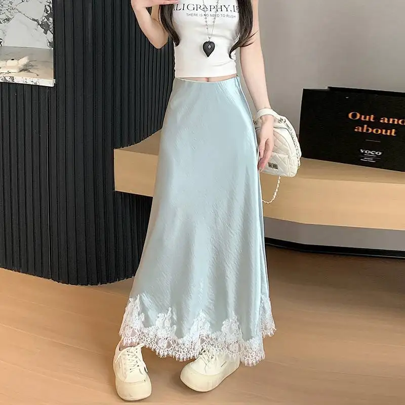 Femmes taille haute dentelle Satin jupes couleur unie été femme élégante enveloppé hanche jupes longues a-ligne dames mode Streetwear