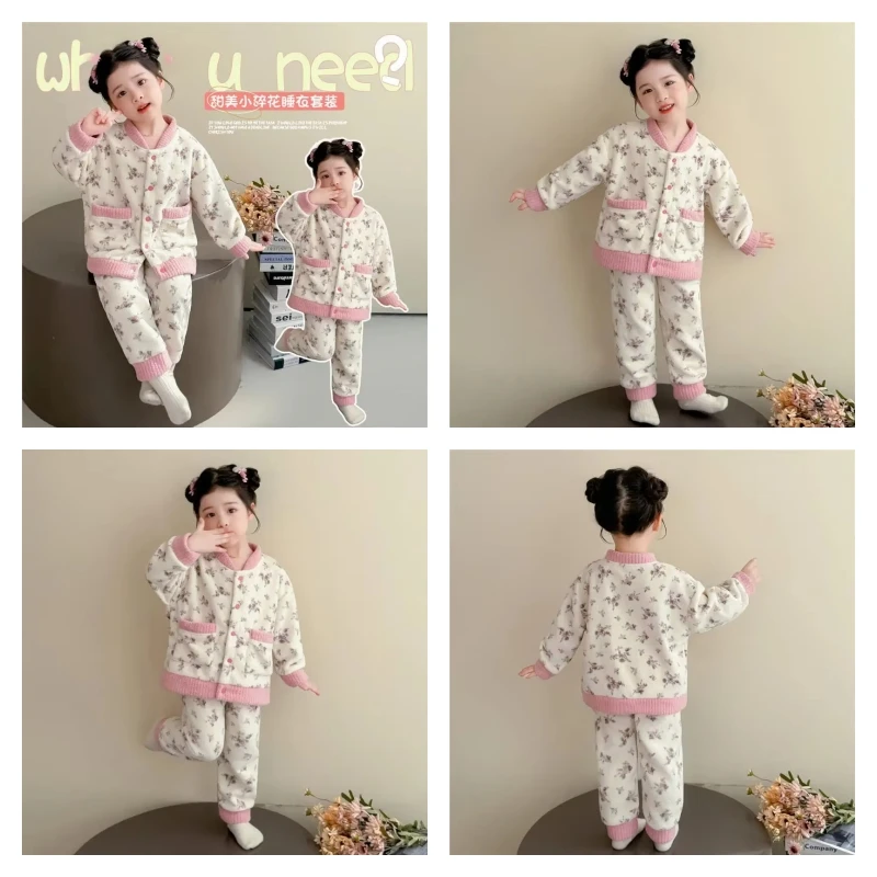 

Горячий кавайный модный пижамный комплект для девочек, студенческий зимний повседневный фланелевой кардиган с героями мультфильмов, длинные штаны, комплект из 2 предметов, детская одежда, новинка