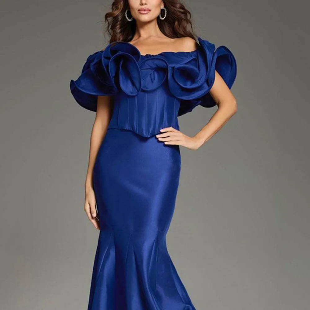 

Luxury Blue Evening Party Dresses Floor Length Mermaid Off the Shoulder Flowers Slim Fit Elegant Women Banquet Prom Gowns