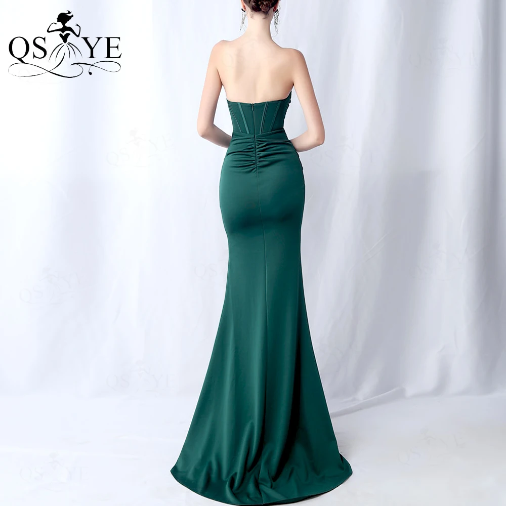 Off Shoulder Emerald Evening Dresses Green Keyhole Boned Bodice Long Split Prom Gown Cross Pleat Ruched Stretchy Party Dress New