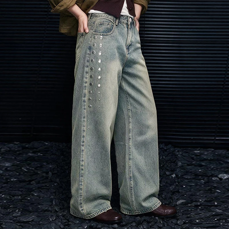 Vintage vintage wide leg jeans with rivets on the side for women, high waisted loose floor length pants, Y2K streetwear trend