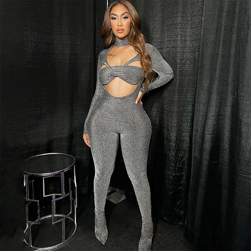 

Crystal Autumn Full Length Street Metallic Women Jumpsuit Girl Turtleneck Hollow Bare Midriff Foot Pants One Piece Overa