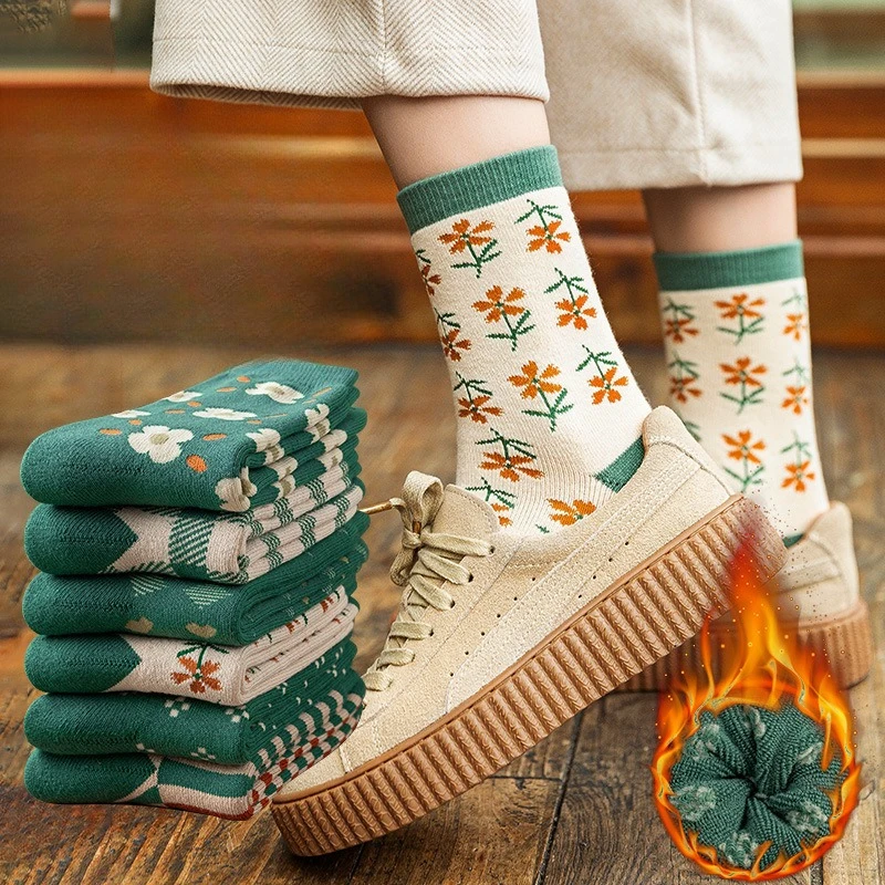 

6 Pairs Four Season Artistic Style Plant Flower Women's Mid Length Sock Casual and Comfortable Checkered Versatile Women's Socks
