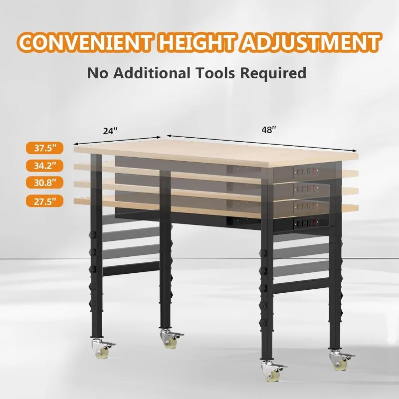 60” Heavy-Duty Rubber Wood Work Bench, Height Adjustable Workbench with Power Outlets, 2500 Lbs Capacity Work Table with