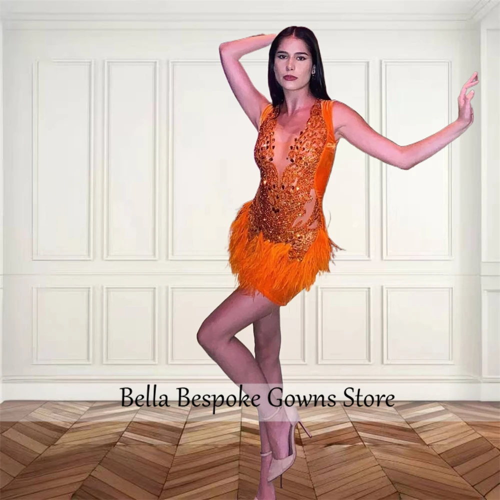 Orange O N Bead Crystal Short Prom Dresses Rhinestone 2024 Birthday Luxury Dress Feathers Graduation Gown Homecoming Customized