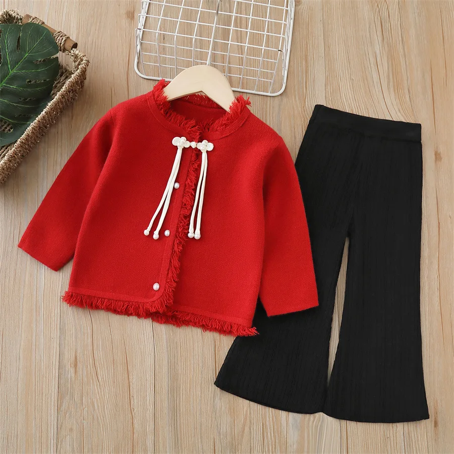 

Girls' Sweater Knitted Two-piece Set 2024 Autumn and Winter New Chinese Style Hanfu Kids Treasure Pants Set