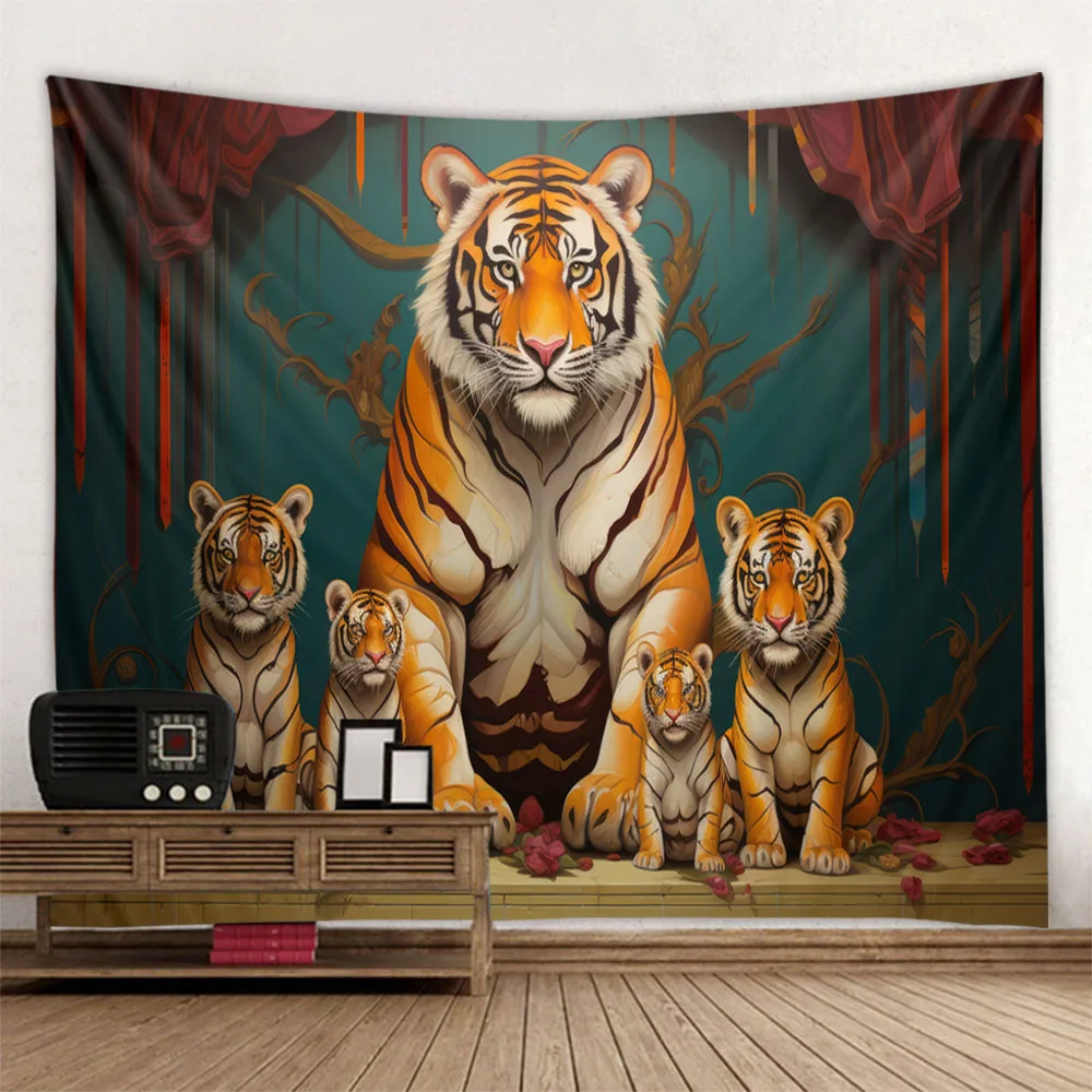 Large Tiger Family Cartoon Tapestry Wall Hanging - Animal Theme Art Decoration Mural Canvas for Home Living Room Bedroom