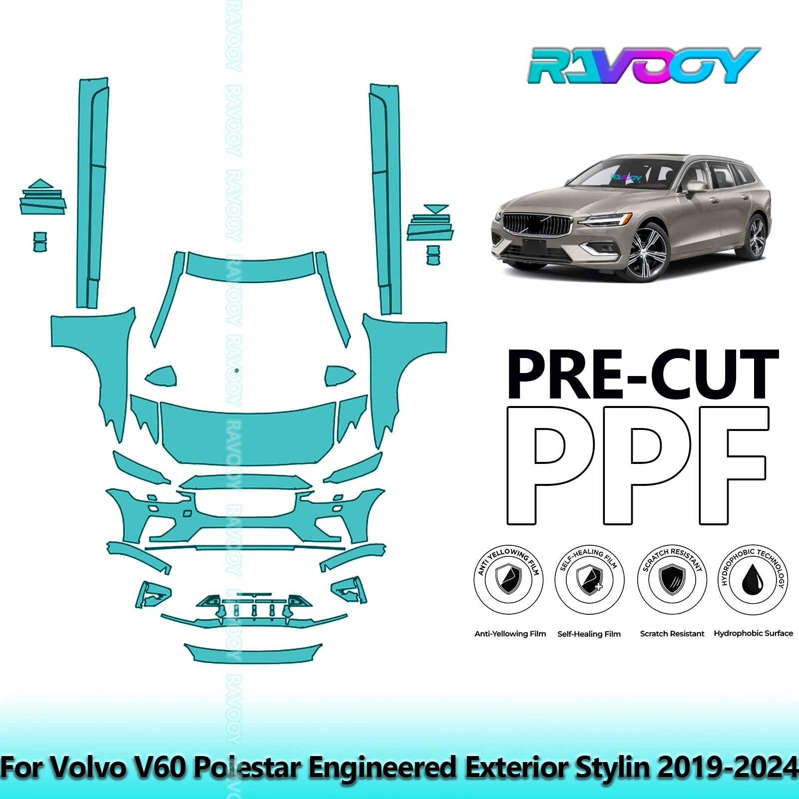 RAVOOY Custom-Fit Precut TPU PPF Front Kit+Rockers Clear Bra Stone Guard EU UK For Volvo V60 Polestar Engineered 2019-2024