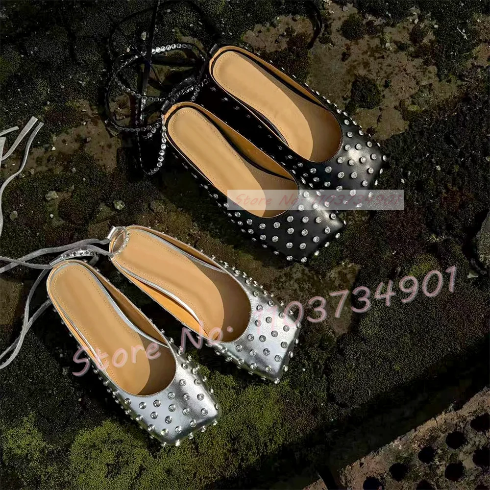 Zapatos planos de cuero de vaca azul con cristales brillantes para mujer, plantillas de piel de oveja con punta cuadrada, zapatos elegantes con cordones para verano