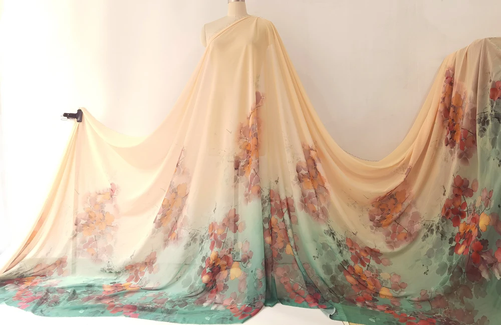 100cm*148cm Positioned Print Flower Sheer Draping Chiffon Fabric Floral See Through Sewing Dress Material