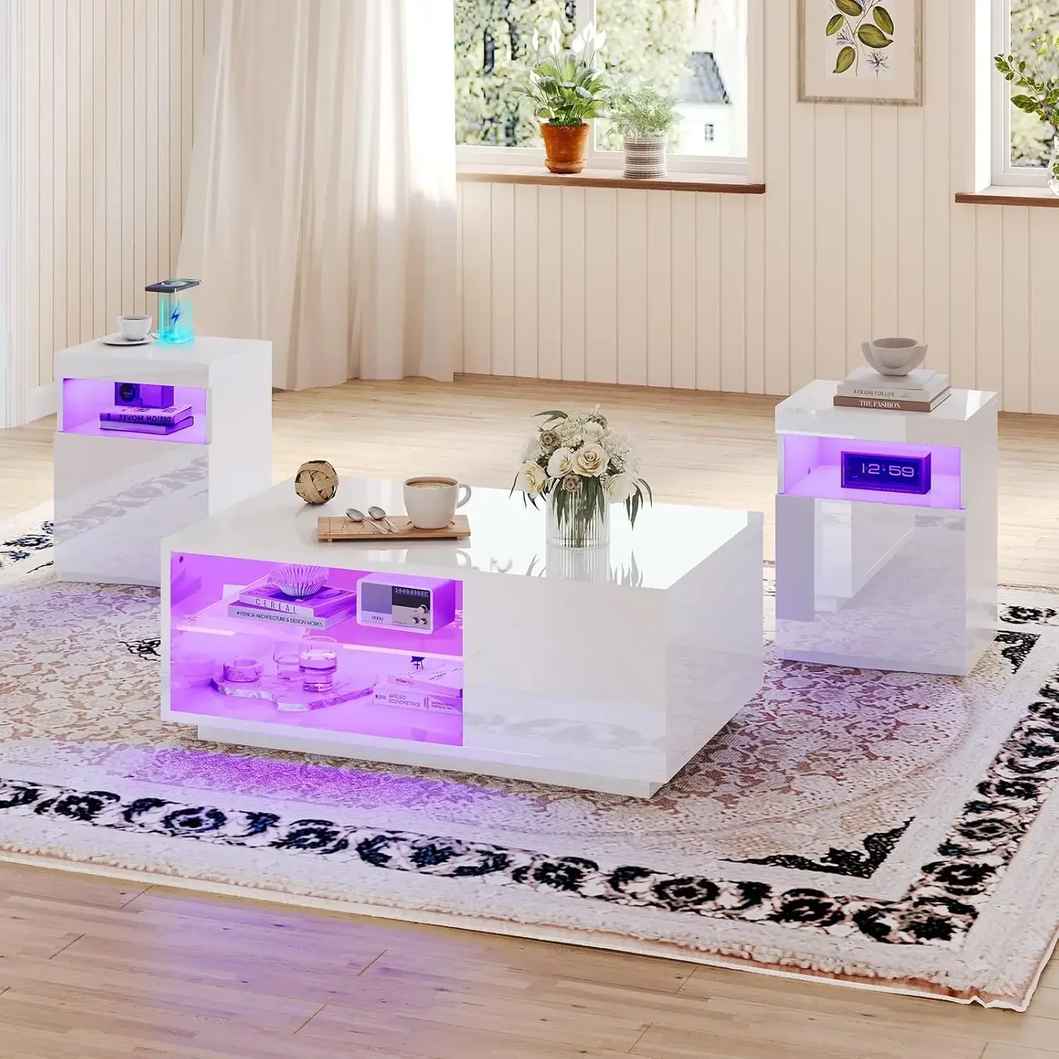 3-Piece Modern High Gloss LED Table Set, Coffee Table , 2 End Tables with Wireless Charging Station for Living Room, White