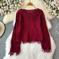 Vintage O-neck Elegant Hook Flower Hollow Out Basics Long Sleeve Chic Knit Top Slim Korean Office Lady Women Autumn Clothing