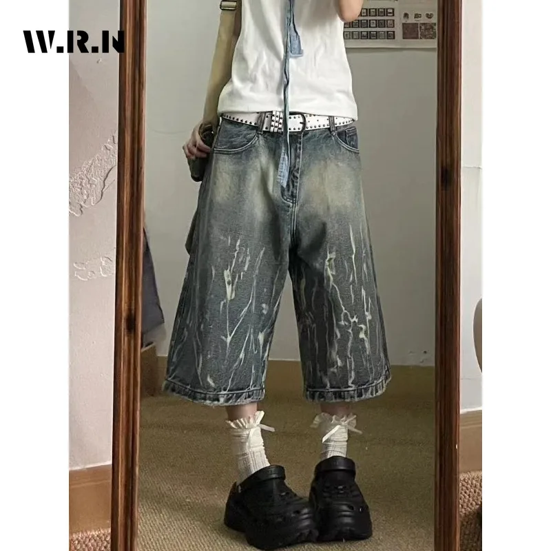 American Vintage High Waist Trashy Loose Jeans 2024 Summer Women's Casual Baggy Y2K Shorts Wide Leg Grunge Print Denim Shorts