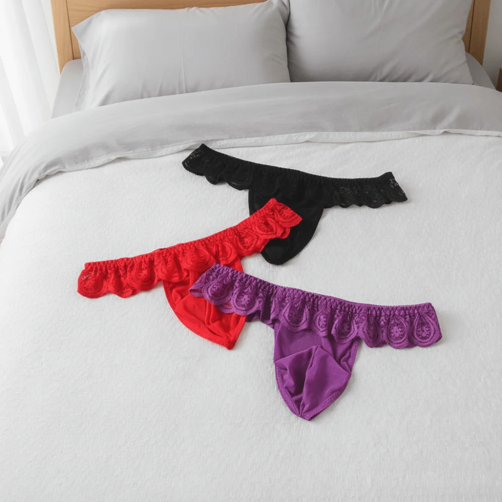 Comfortable Low Waist Men's Lace Thongs Underpants Ruffle Belt Men's Mesh Lace Panties T-back Thin Male Briefs Intimate